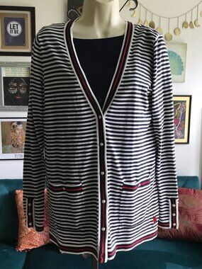 TALBOTS Oprah Collection size M Blue Red White Striped Cardigan & Tee Twinset